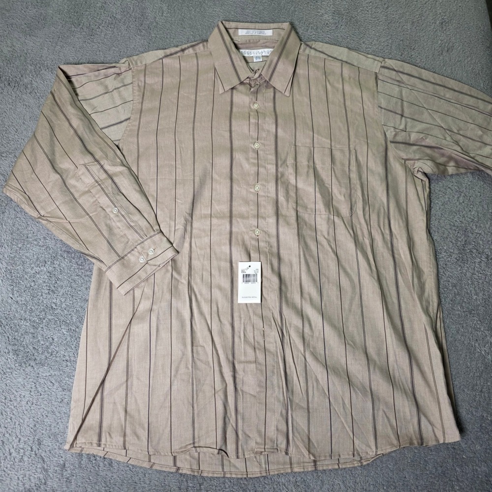 Perry Ellis Mens 16.5 32/33 Button Down Shirt Tan Brown Striped Cotton 5929